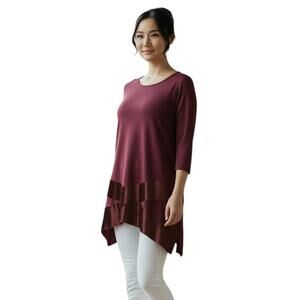 Anthropologie Pebble & Stone Tunic NWT Small Burgundy Asymmetrical Velvet Trim
